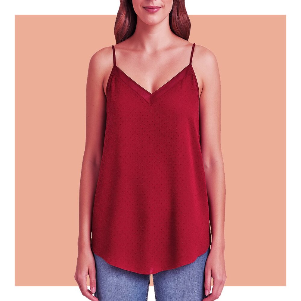 1.State Bohemian Raised Dot Texture Spaghetti Strap Sheer Panel Deep V Neck Cami